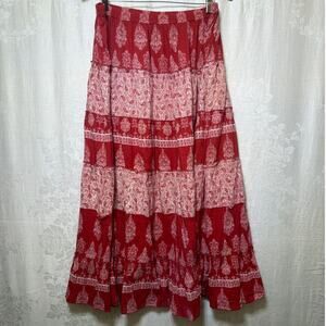 Vtg Maxi Peasant Skirt XL Red White Tiered Pull On Bohemian Flowy Ruffled Hem